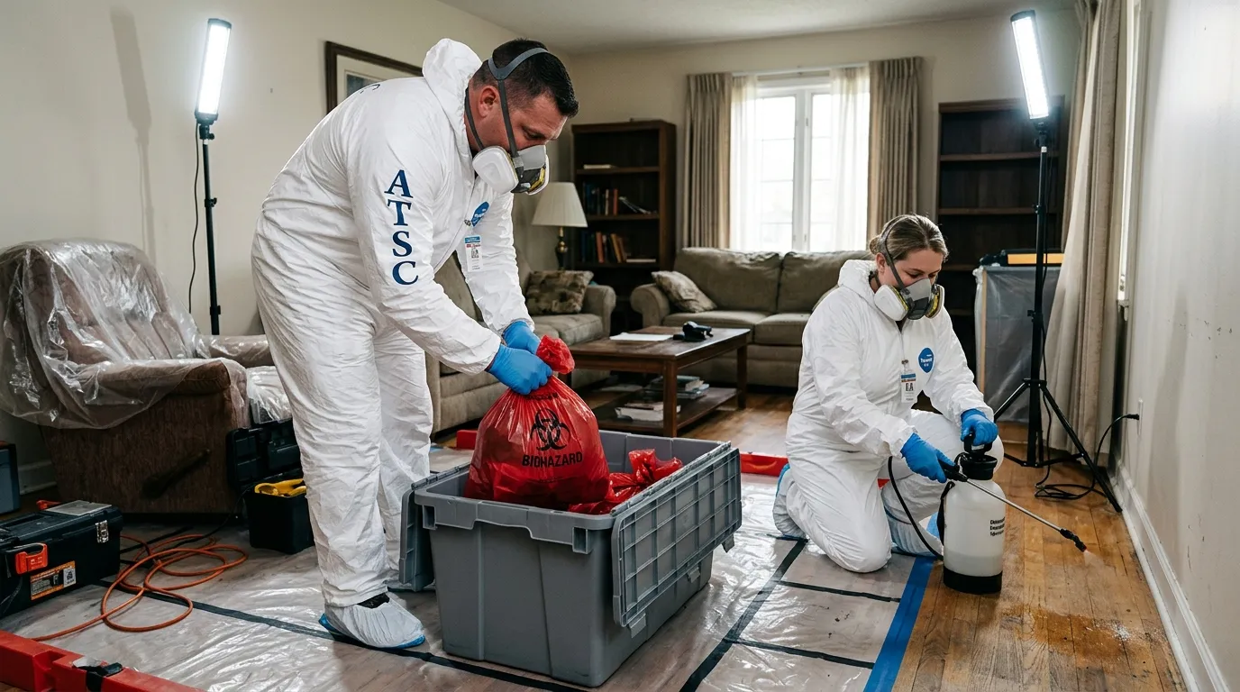 Professional Biohazard Cleanup technician in full PPE working in Wentzville